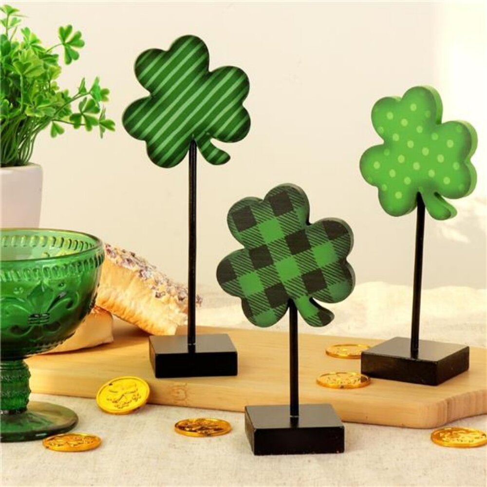St Patricks Day Decorations 3pcs Lucky Shamrock Wooden Sign on Stand Irish - Picture 4 of 7